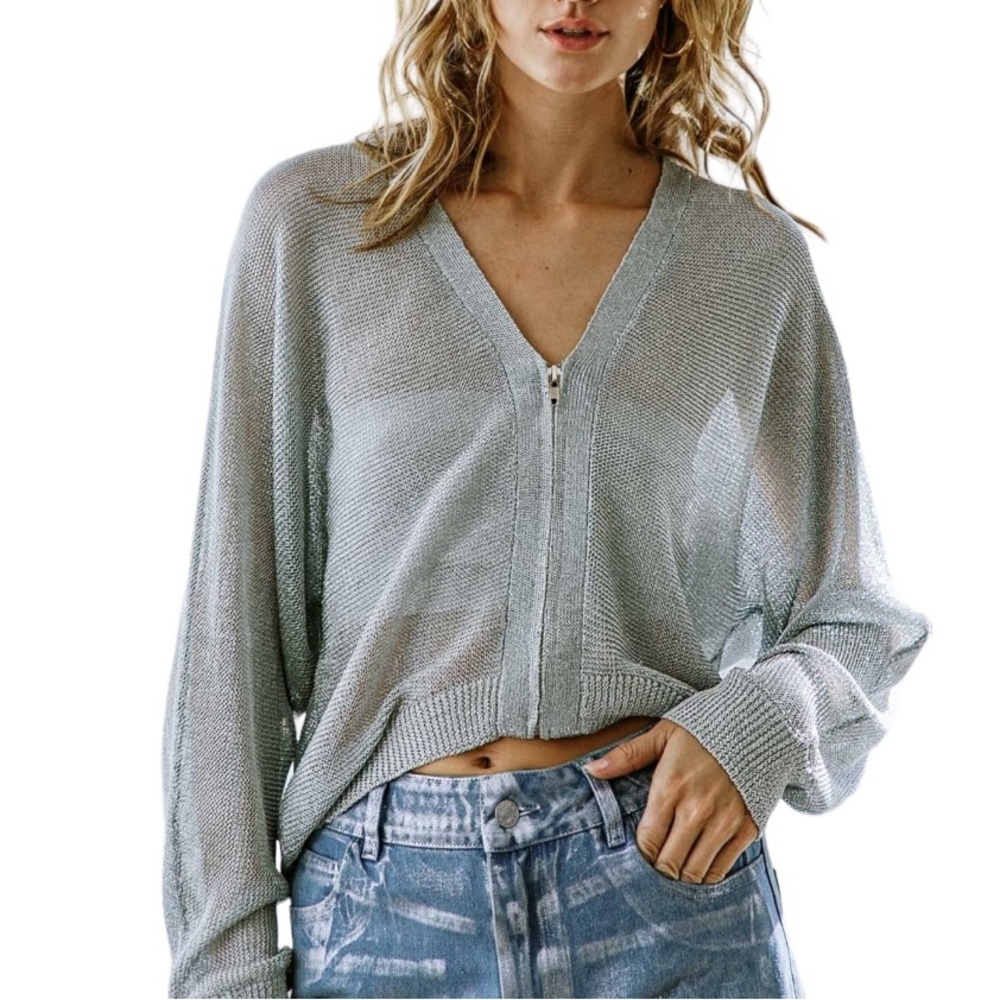 NWT Women's Silver Metallic Knitted Zip Up Top
